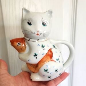 Vintage 1970s Hand Painted Porcelain Cat Teapot with Goldfish